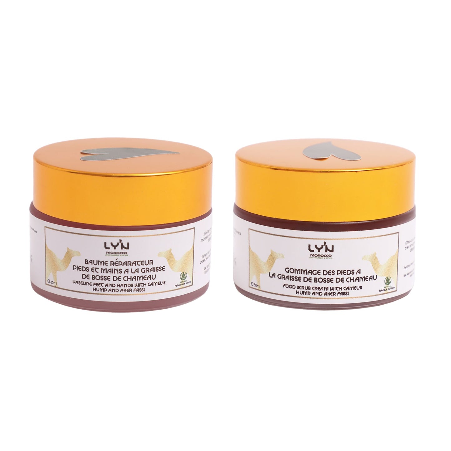 Pack Soin Pieds Secs – Gommage & Baume Réparateur à la Graisse de Bosse de Chameau & Aker Fassi – Hydratation & Réparation Intense – Format Voyage 2 x 30 ml